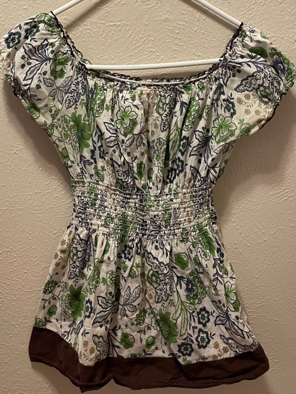 2000s Printed Blouse Cinched waist Green Blue Brown White Pattern - SMALL